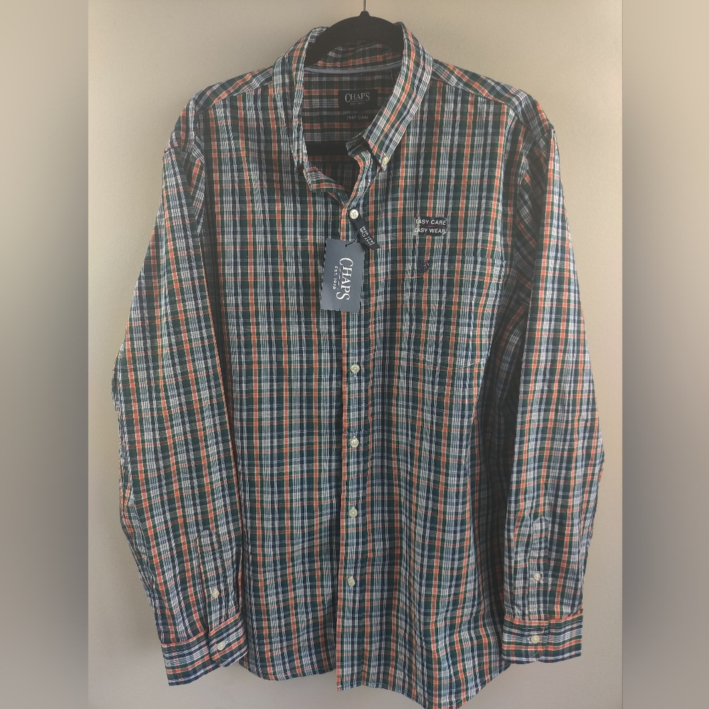 Chaps Mens XL Orange Green And Blue Plaid Button Up (Bin A)